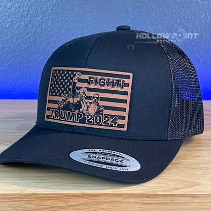 Trump 2024 Fight Flag SnapBack Trucker Rawhide Leather Patch Hat Black - Hollow Point Society - Patch Hat