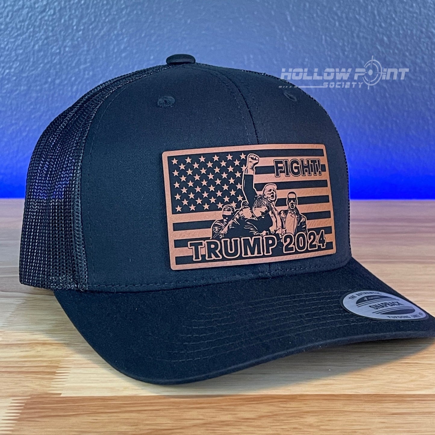 Trump 2024 Fight Flag SnapBack Trucker Rawhide Leather Patch Hat Black - Hollow Point Society - Patch Hat