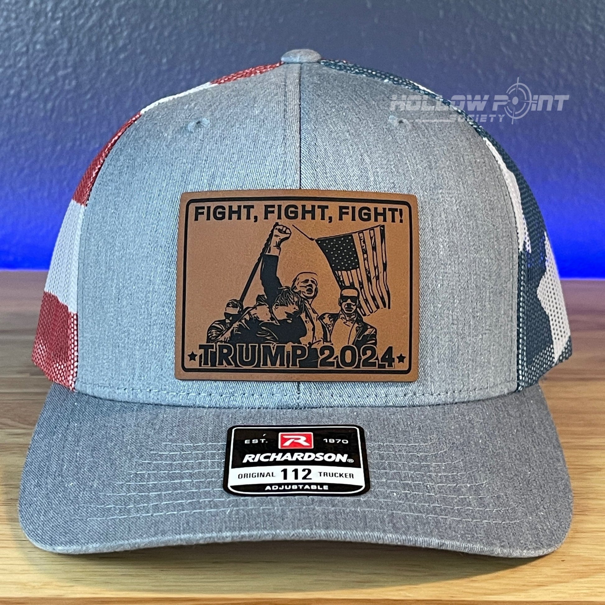 Trump 2024 Fight Square Leather Patch SnapBack Trucker Hat Stars & Stripes - Hollow Point Society - Patch Hat