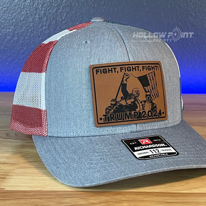 Trump 2024 Fight Square Leather Patch SnapBack Trucker Hat Stars & Stripes - Hollow Point Society - Patch Hat