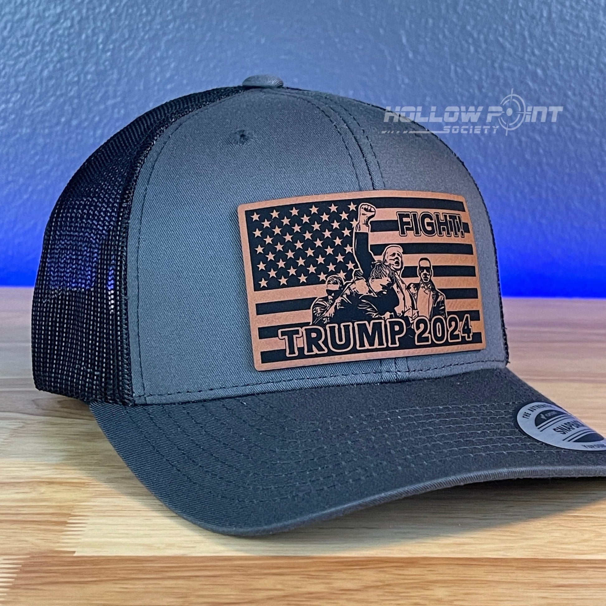 Trump 2024 SnapBack Trucker Rawhide Leather Fight Flag Patch Charcoal Hat - Hollow Point Society - Patch Hat