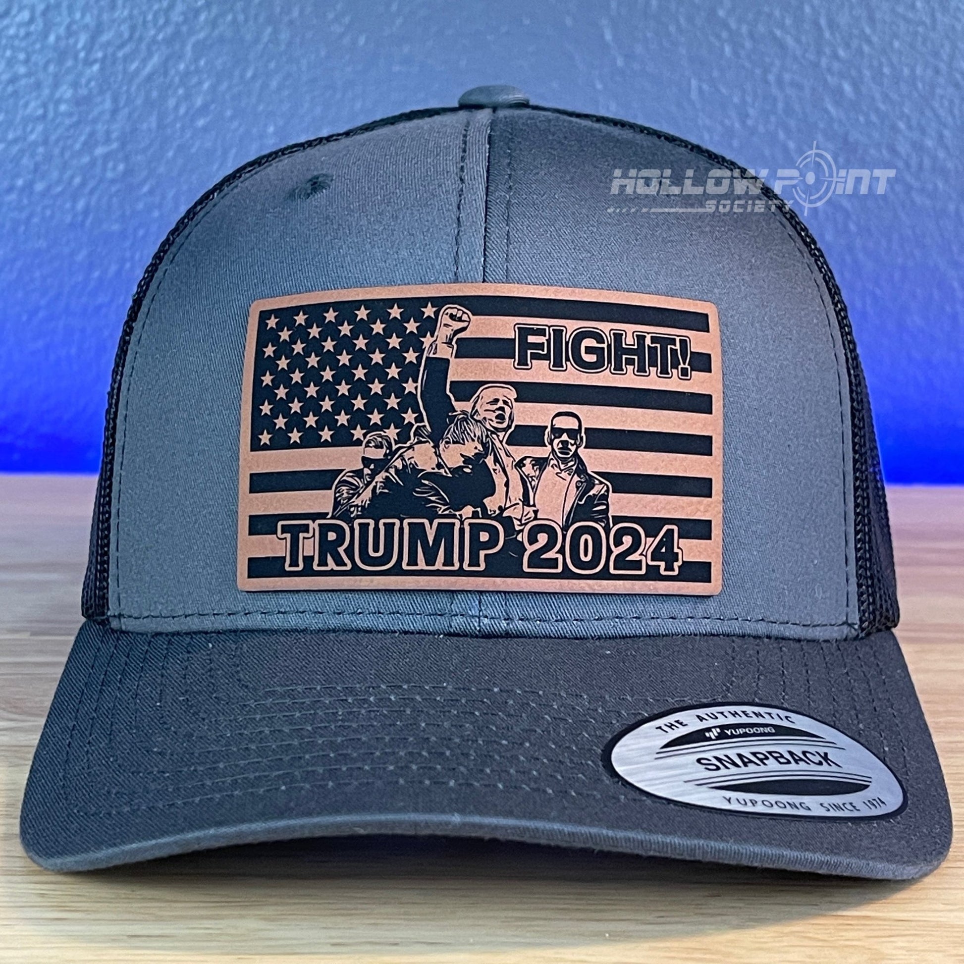 Trump 2024 SnapBack Trucker Rawhide Leather Fight Flag Patch Charcoal Hat - Hollow Point Society - Patch Hat