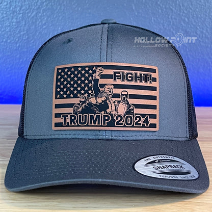 Trump 2024 SnapBack Trucker Rawhide Leather Fight Flag Patch Charcoal Hat - Hollow Point Society - Patch Hat