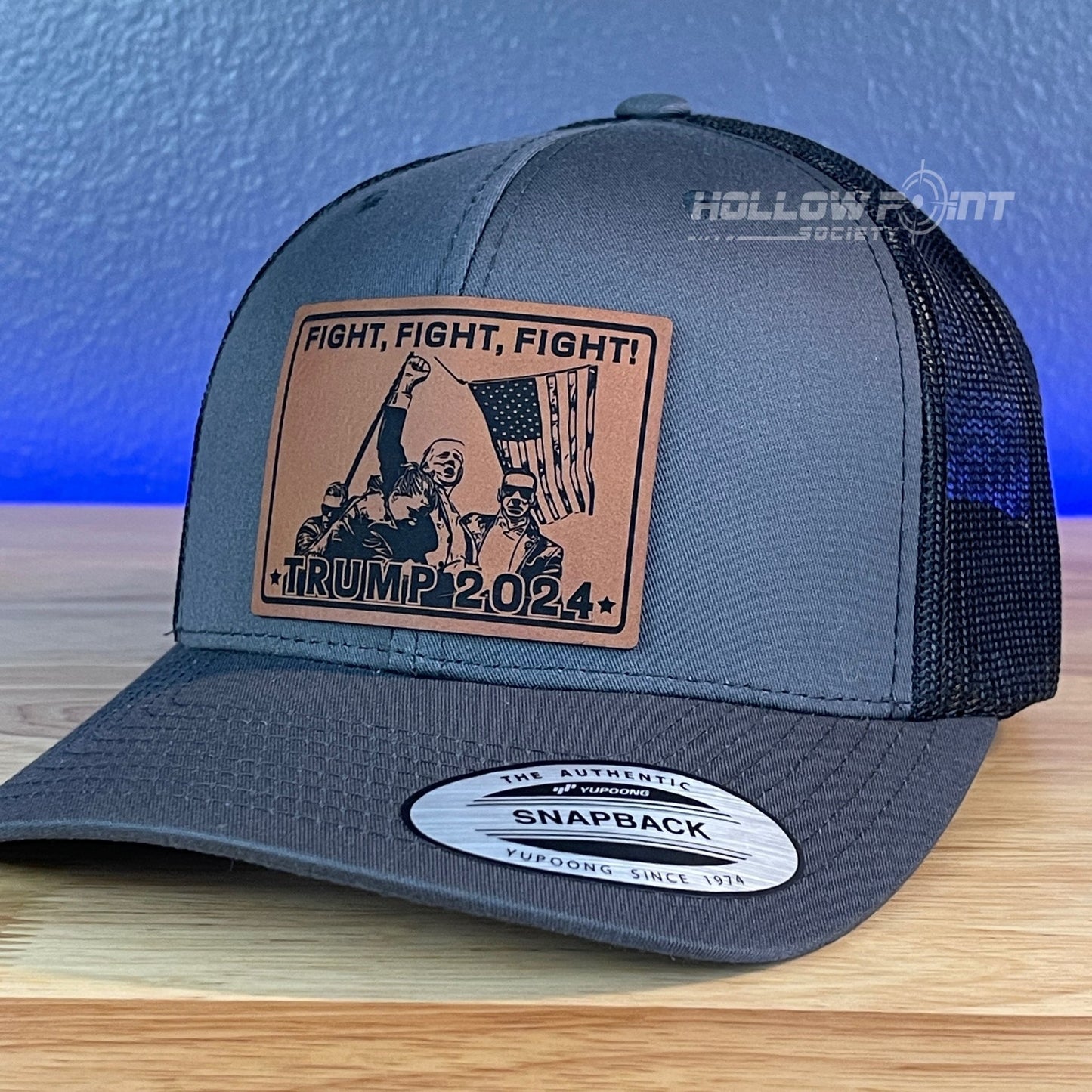 Trump 2024 SnapBack Trucker Rawhide Leather Fight Square Patch Charcoal Hat - Hollow Point Society - Patch Hat