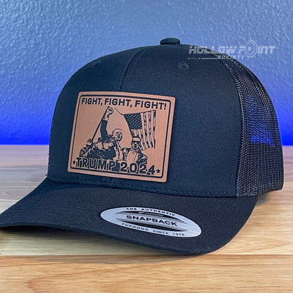 Trump 2024 SnapBack Trucker Rawhide Leather Fight Square Patch Hat Black - Hollow Point Society - Patch Hat