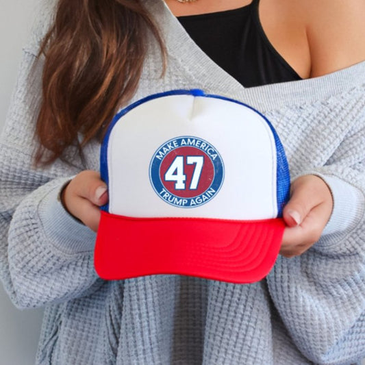 Trump 47 Round Classic Foam Trucker Hat Red White & Blue - Hollow Point Society - Trucker Hat