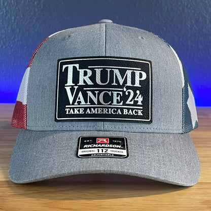 Trump Hat Take America Back Trump Vance 2024 SnapBack Trucker Leather Patch Hat Blk/Silv - Hollow Point Society - Patch Hat