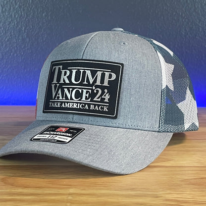 Trump Hat Take America Back Trump Vance 2024 SnapBack Trucker Leather Patch Hat Blk/Silv - Hollow Point Society - Patch Hat