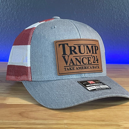 Trump Hat Take America Back Trump Vance 2024 SnapBack Trucker Leather Patch Hat Rawhide - Hollow Point Society - Patch Hat