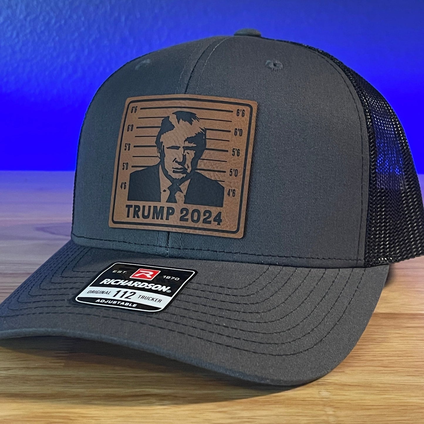 TRUMP MUGSHOT 2024 Patriotic Leather Patch Hat Charcoal/Black - Hollow Point Society - Patch Hat