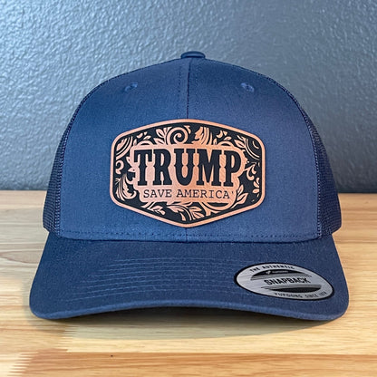 Trump Save America Patriotic Snap Back Trucker Hat Leather Patch - Hollow Point Society - Patch Hat