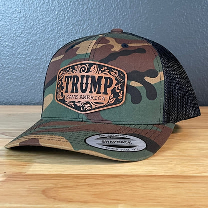 Trump Save America Patriotic Snap Back Trucker Hat Leather Patch - Hollow Point Society - Patch Hat