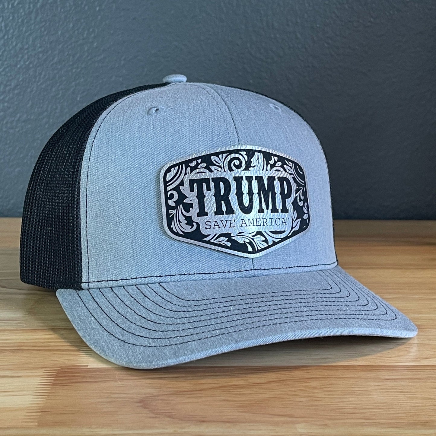 Trump Save America Patriotic SnapBack Trucker Hat Leather Patch Blk/Silver - Hollow Point Society - Patch Hat