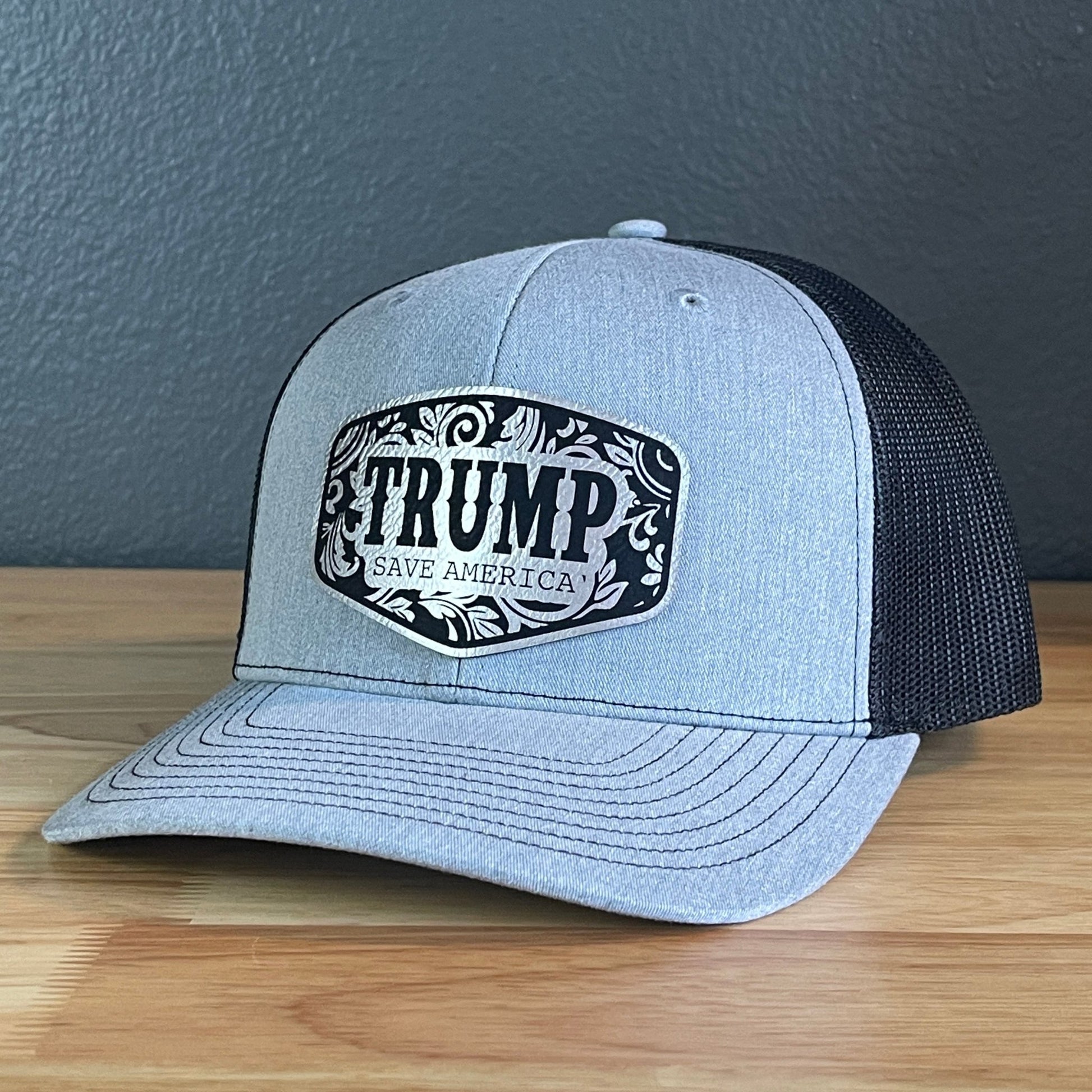 Trump Save America Patriotic SnapBack Trucker Hat Leather Patch Blk/Silver - Hollow Point Society - Patch Hat