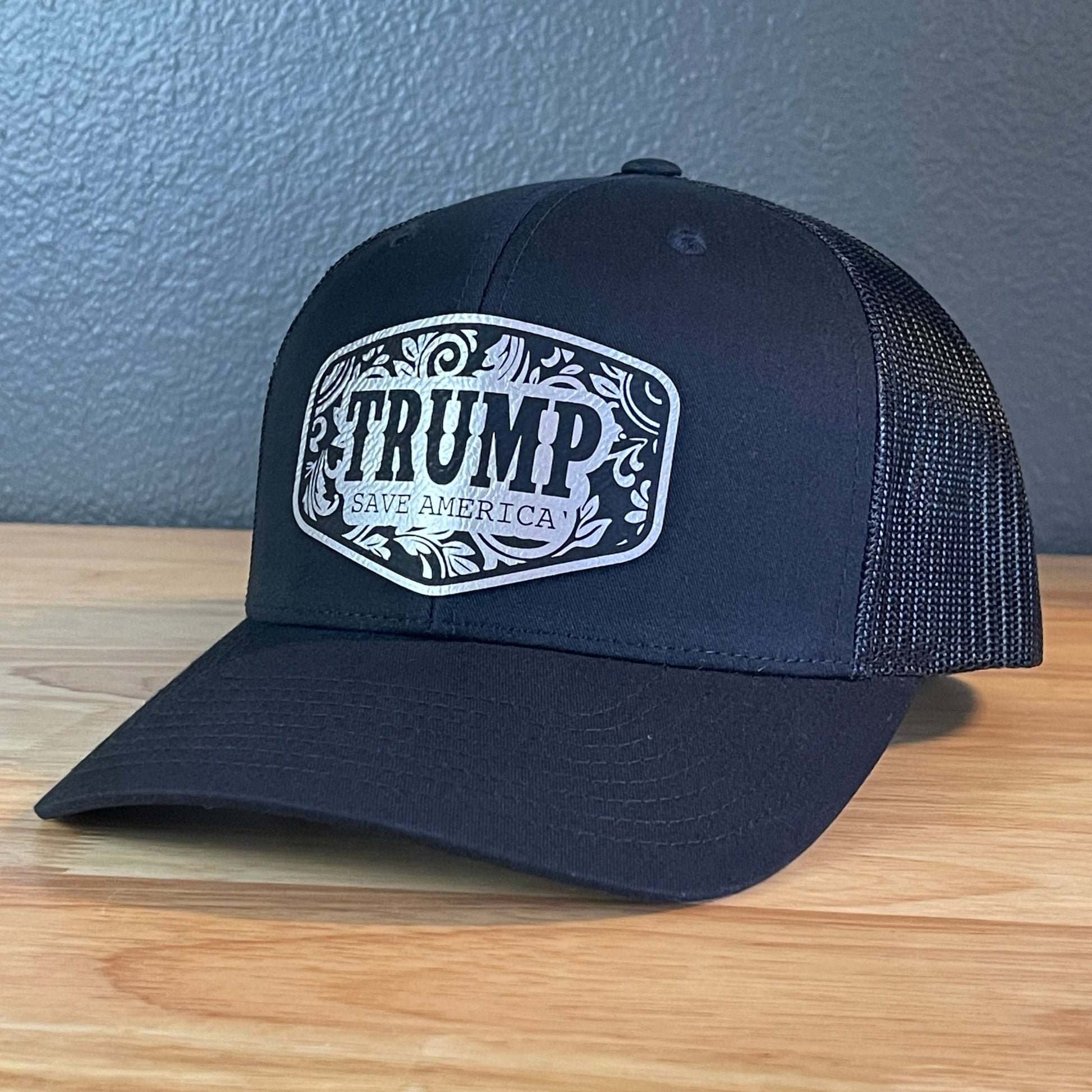 Trump Save America Patriotic SnapBack Trucker Hat Leather Patch Blk/Silver - Hollow Point Society - Patch Hat