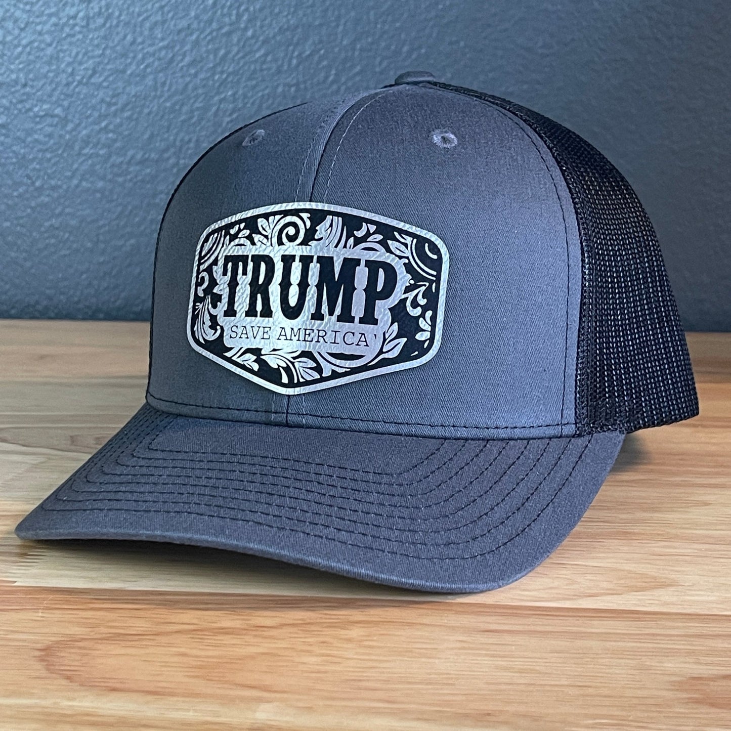 Trump Save America Patriotic SnapBack Trucker Hat Leather Patch Blk/Silver - Hollow Point Society - Patch Hat