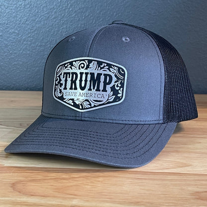 Trump Save America Patriotic SnapBack Trucker Hat Leather Patch Blk/Silver - Hollow Point Society - Patch Hat