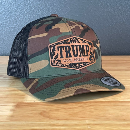 Trump Save America Snap Back Trucker Hat Leather Patch - Hollow Point Society - Patch Hat