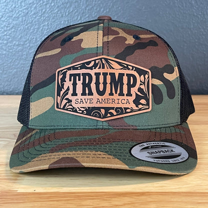 Trump Save America Snap Back Trucker Hat Leather Patch - Hollow Point Society - Patch Hat