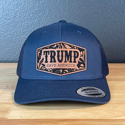 Trump Save America Snap Back Trucker Hat Leather Patch - Hollow Point Society - Patch Hat