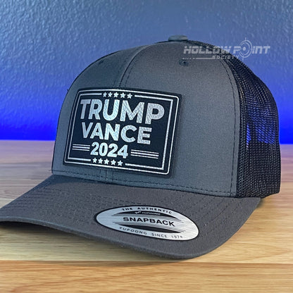 TRUMP VANCE 2024 SnapBack Trucker Blk/Silver Leather Patch Hat Charcoal - Hollow Point Society - Patch Hat