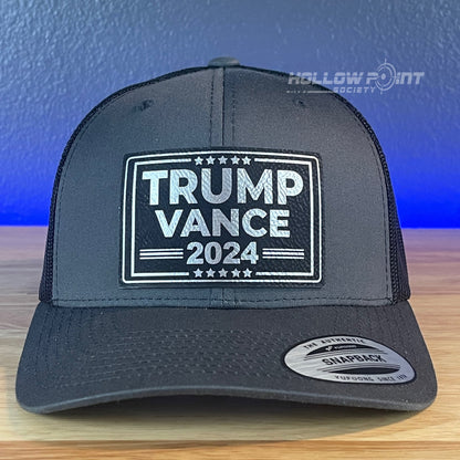 TRUMP VANCE 2024 SnapBack Trucker Blk/Silver Leather Patch Hat Charcoal - Hollow Point Society - Patch Hat