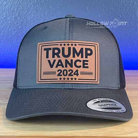 TRUMP VANCE 2024 SnapBack Trucker Rawhide Leather Patch Hat Charcoal - Hollow Point Society - Patch Hat