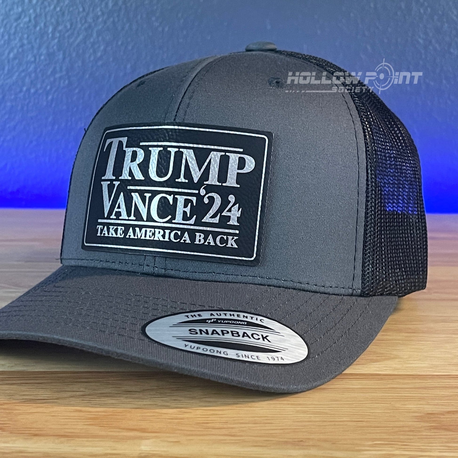 TRUMP VANCE 2024 TAKE AMERICA BACK SnapBack Trucker Blk/Silver Leather Patch Hat Charcoal - Hollow Point Society - Patch Hat