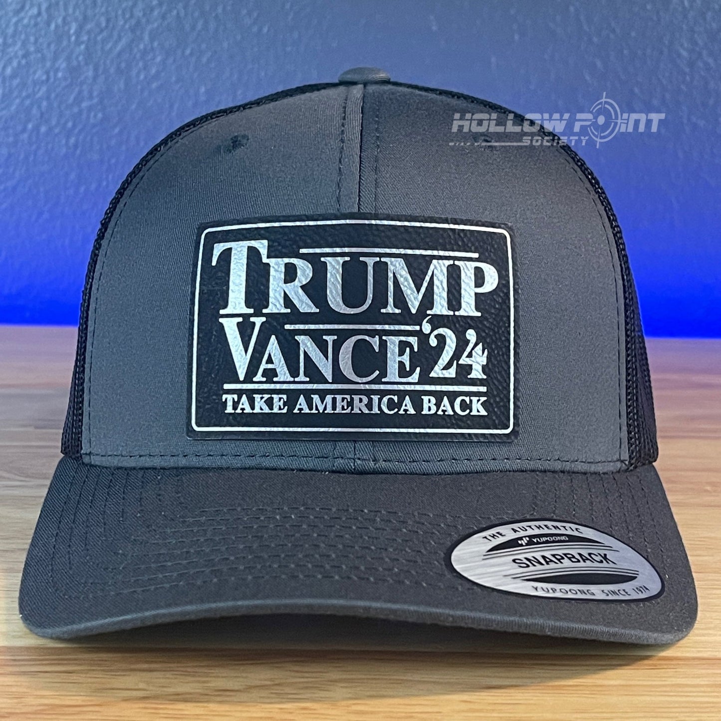 TRUMP VANCE 2024 TAKE AMERICA BACK SnapBack Trucker Blk/Silver Leather Patch Hat Charcoal - Hollow Point Society - Patch Hat