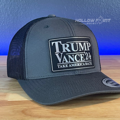 TRUMP VANCE 2024 TAKE AMERICA BACK SnapBack Trucker Blk/Silver Leather Patch Hat Charcoal - Hollow Point Society - Patch Hat