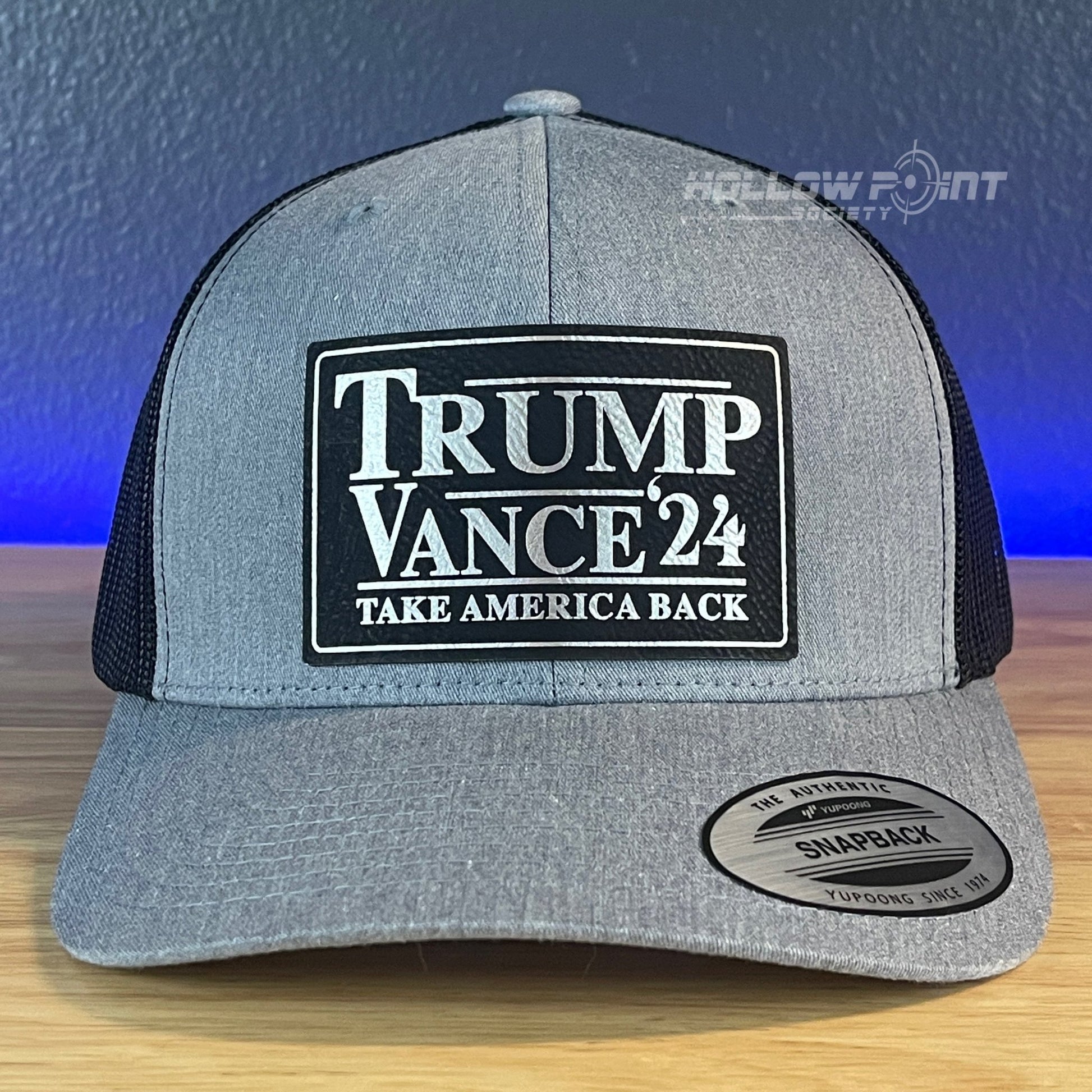 TRUMP VANCE 2024 TAKE AMERICA BACK SnapBack Trucker Blk/Silver Leather Patch Hat - Hollow Point Society - Patch Hat