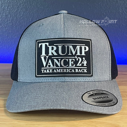 TRUMP VANCE 2024 TAKE AMERICA BACK SnapBack Trucker Blk/Silver Leather Patch Hat - Hollow Point Society - Patch Hat