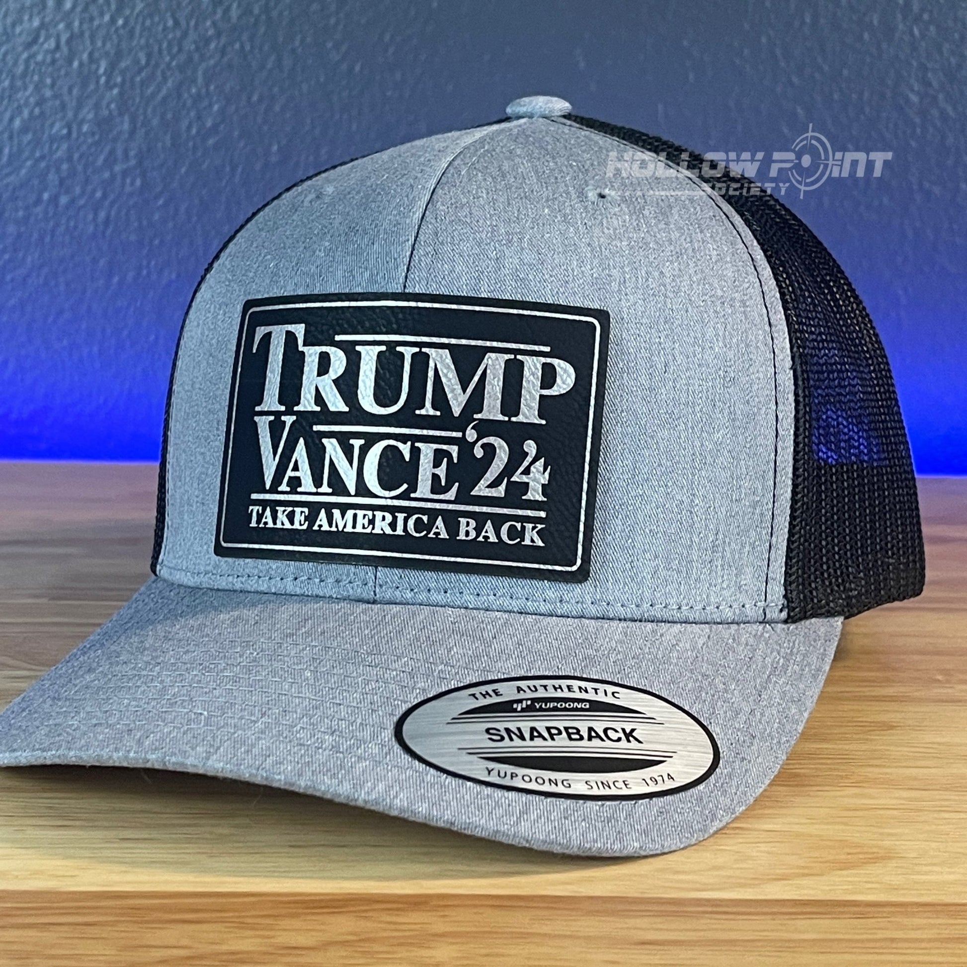 TRUMP VANCE 2024 TAKE AMERICA BACK SnapBack Trucker Blk/Silver Leather Patch Hat - Hollow Point Society - Patch Hat