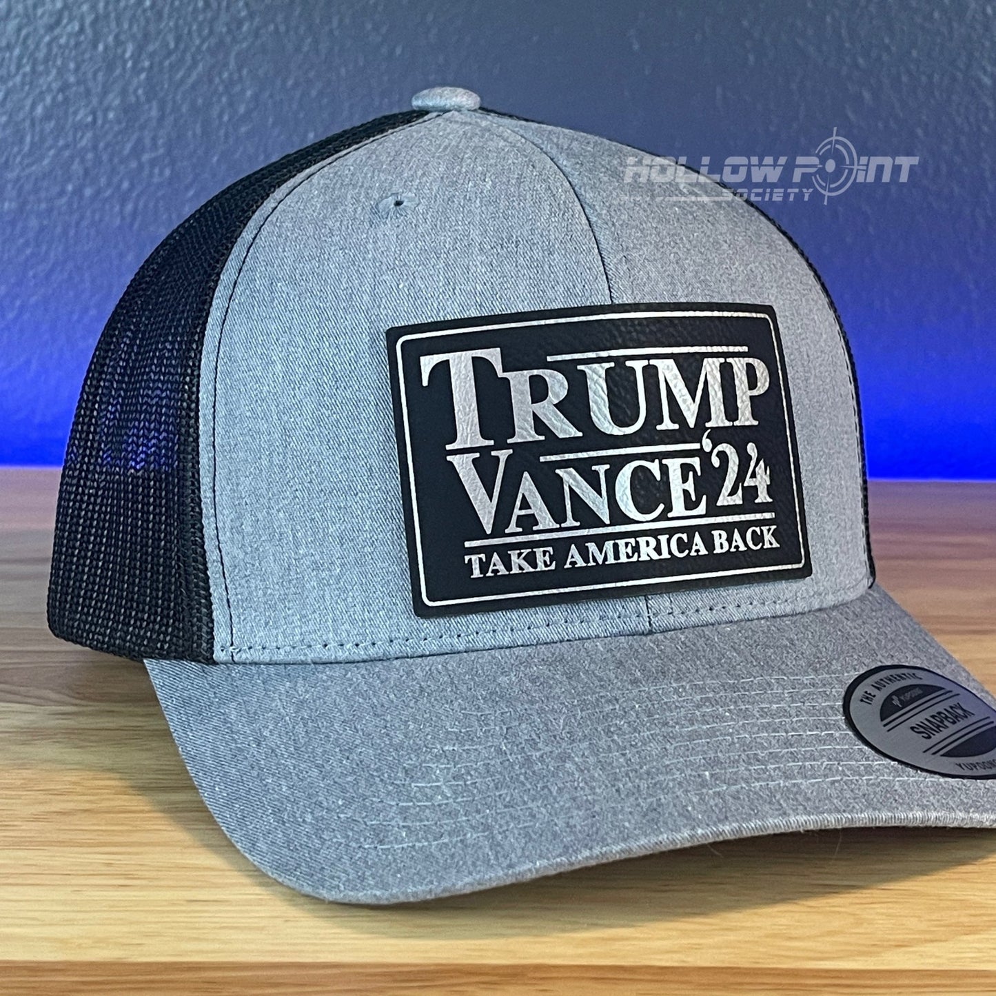 TRUMP VANCE 2024 TAKE AMERICA BACK SnapBack Trucker Blk/Silver Leather Patch Hat - Hollow Point Society - Patch Hat