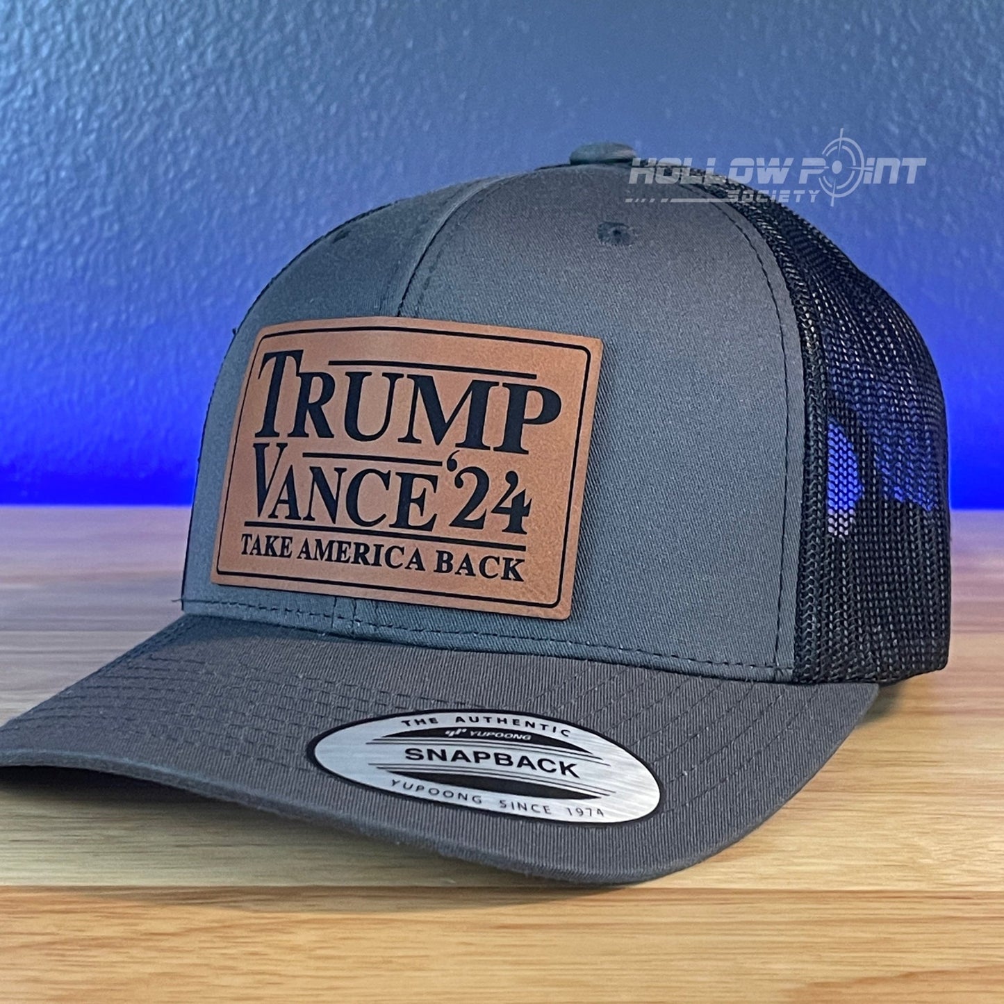 TRUMP VANCE 2024 TAKE AMERICA BACK SnapBack Trucker Rawhide Leather Patch Hat Charcoal - Hollow Point Society - Patch Hat