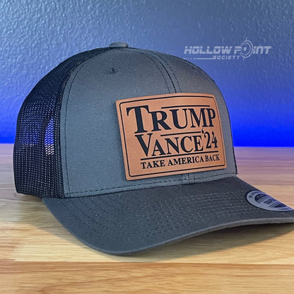 TRUMP VANCE 2024 TAKE AMERICA BACK SnapBack Trucker Rawhide Leather Patch Hat Charcoal - Hollow Point Society - Patch Hat