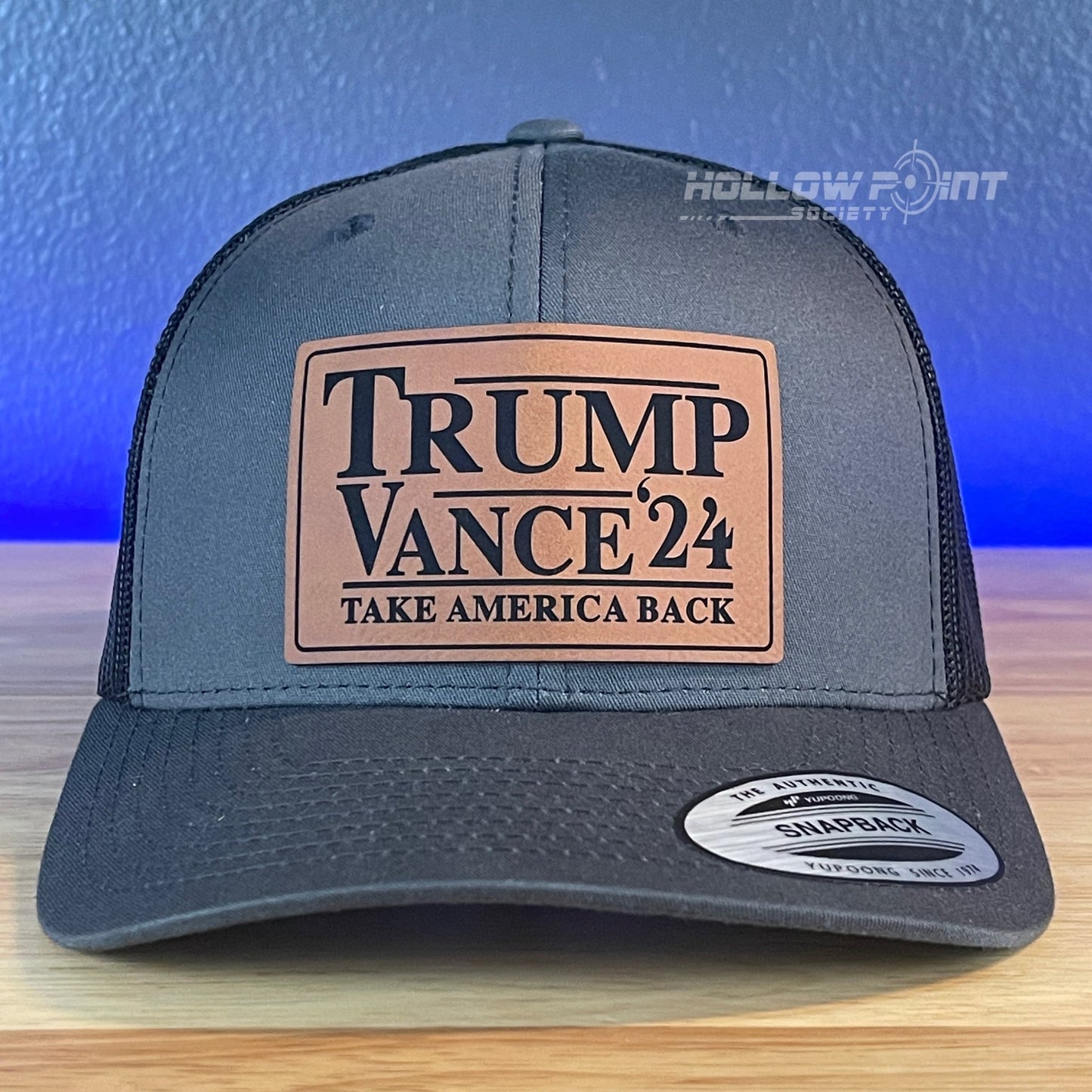 TRUMP VANCE 2024 TAKE AMERICA BACK SnapBack Trucker Rawhide Leather Patch Hat Charcoal - Hollow Point Society - Patch Hat