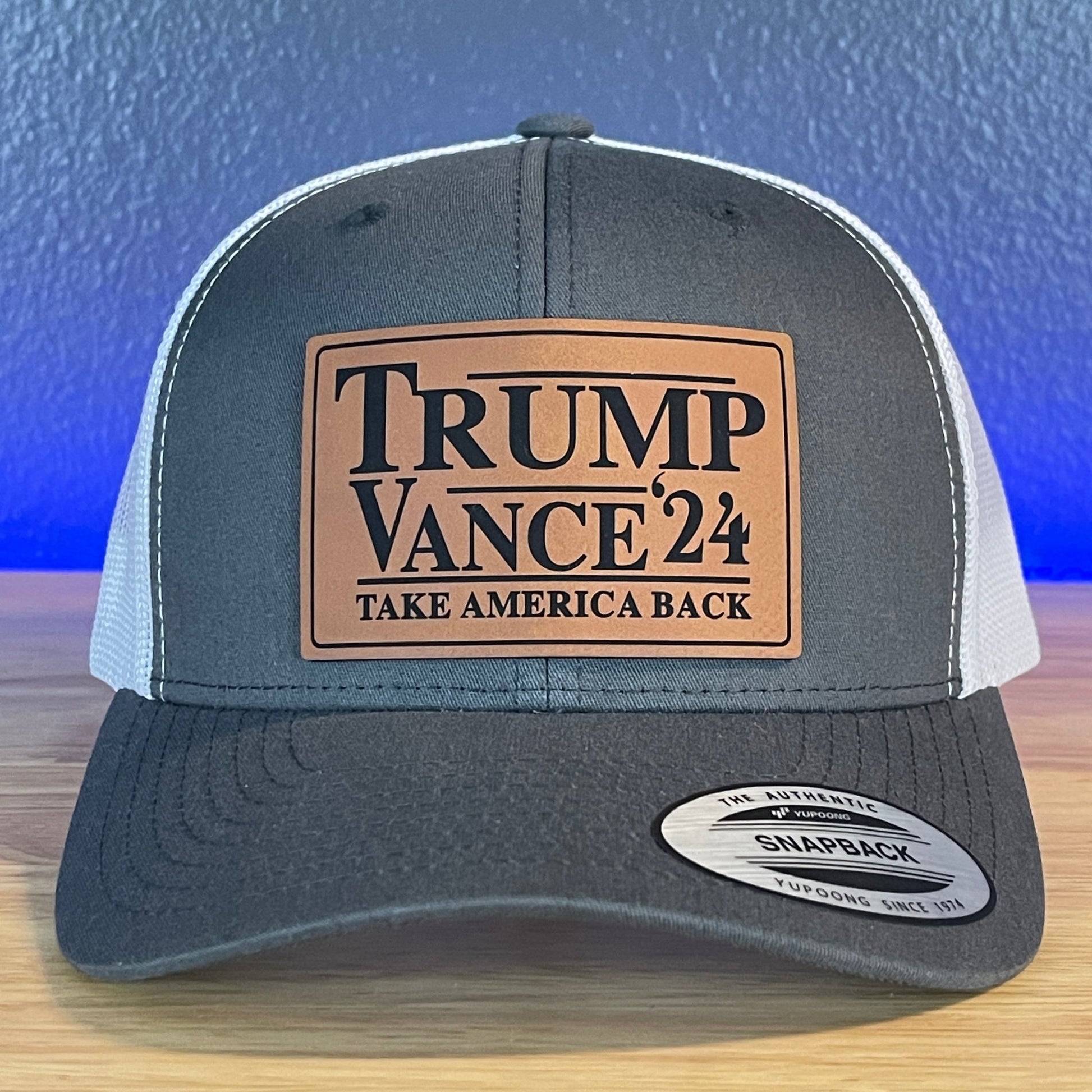 Trump Vance 2024 Take America Back SnapBack Trucker Rawhide Leather Patch Hat Charcoal/White - Hollow Point Society - Patch Hat