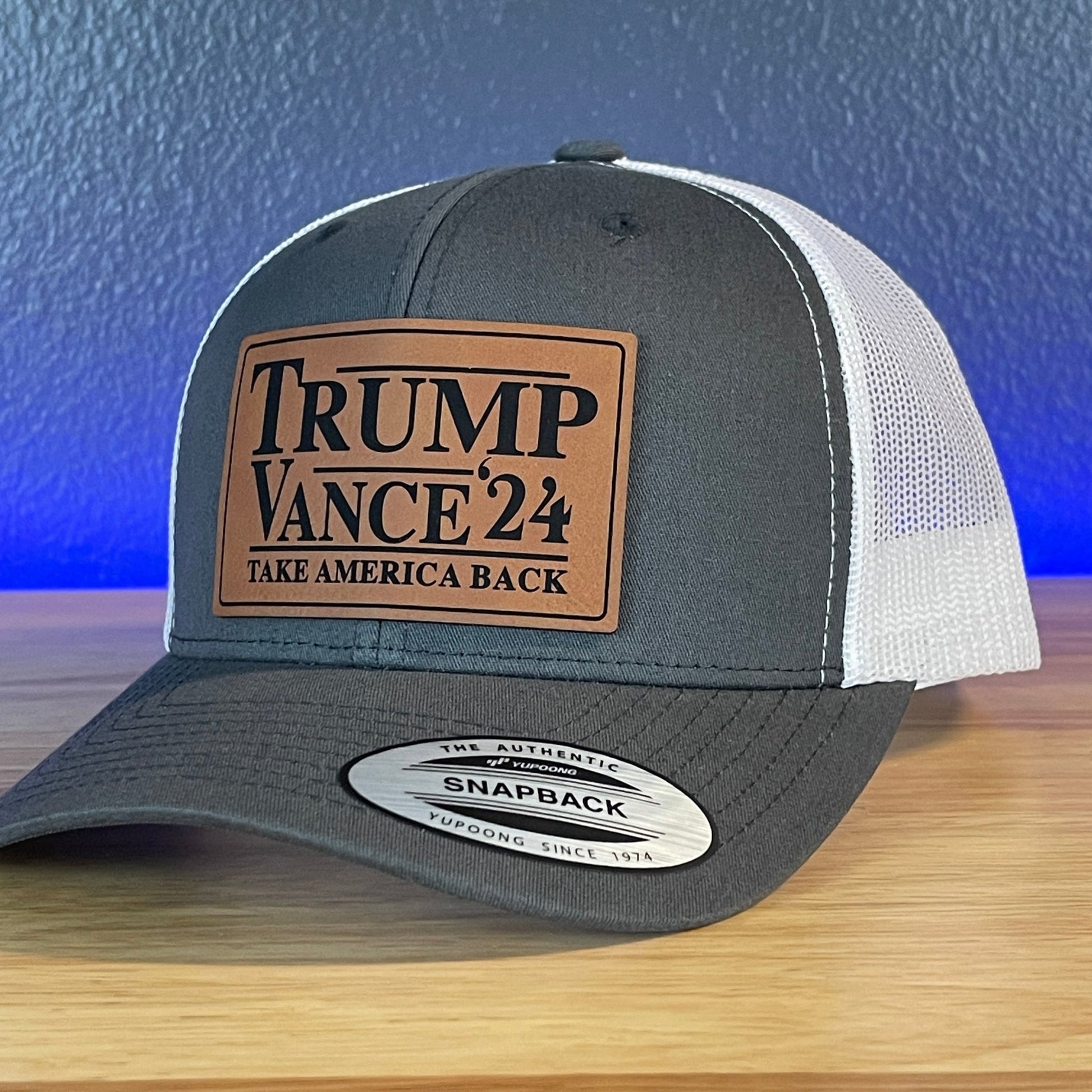 Trump Vance 2024 Take America Back SnapBack Trucker Rawhide Leather Patch Hat Charcoal/White - Hollow Point Society - Patch Hat