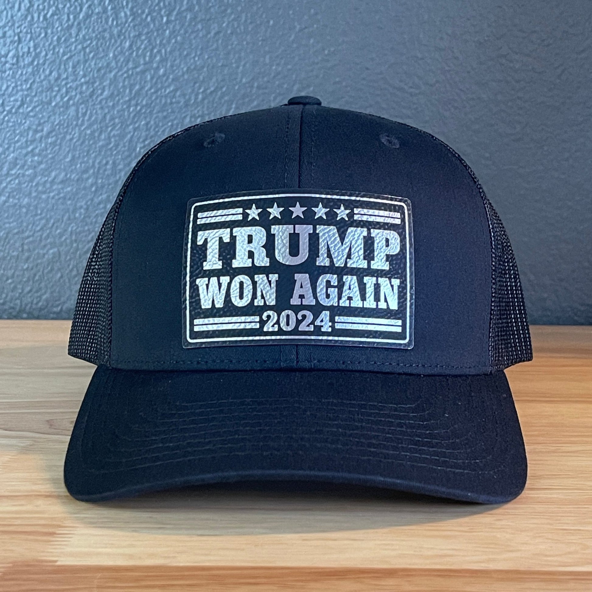 Trump Won Again Patriotic SnapBack Trucker Hat Leather Patch Blk/Silver - Hollow Point Society - Patch Hat