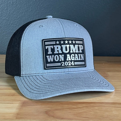 Trump Won Again Patriotic SnapBack Trucker Hat Leather Patch Blk/Silver - Hollow Point Society - Patch Hat