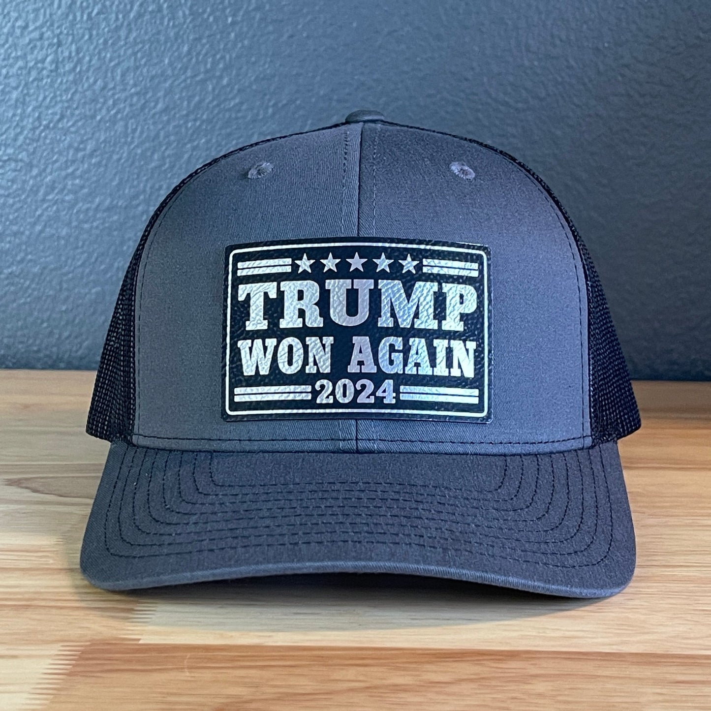 Trump Won Again Patriotic SnapBack Trucker Hat Leather Patch Blk/Silver - Hollow Point Society - Patch Hat