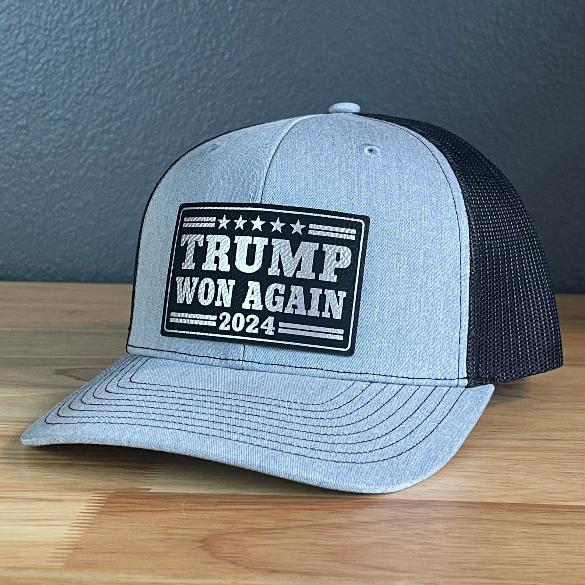 Trump Won Again Patriotic SnapBack Trucker Hat Leather Patch Blk/Silver - Hollow Point Society - Patch Hat