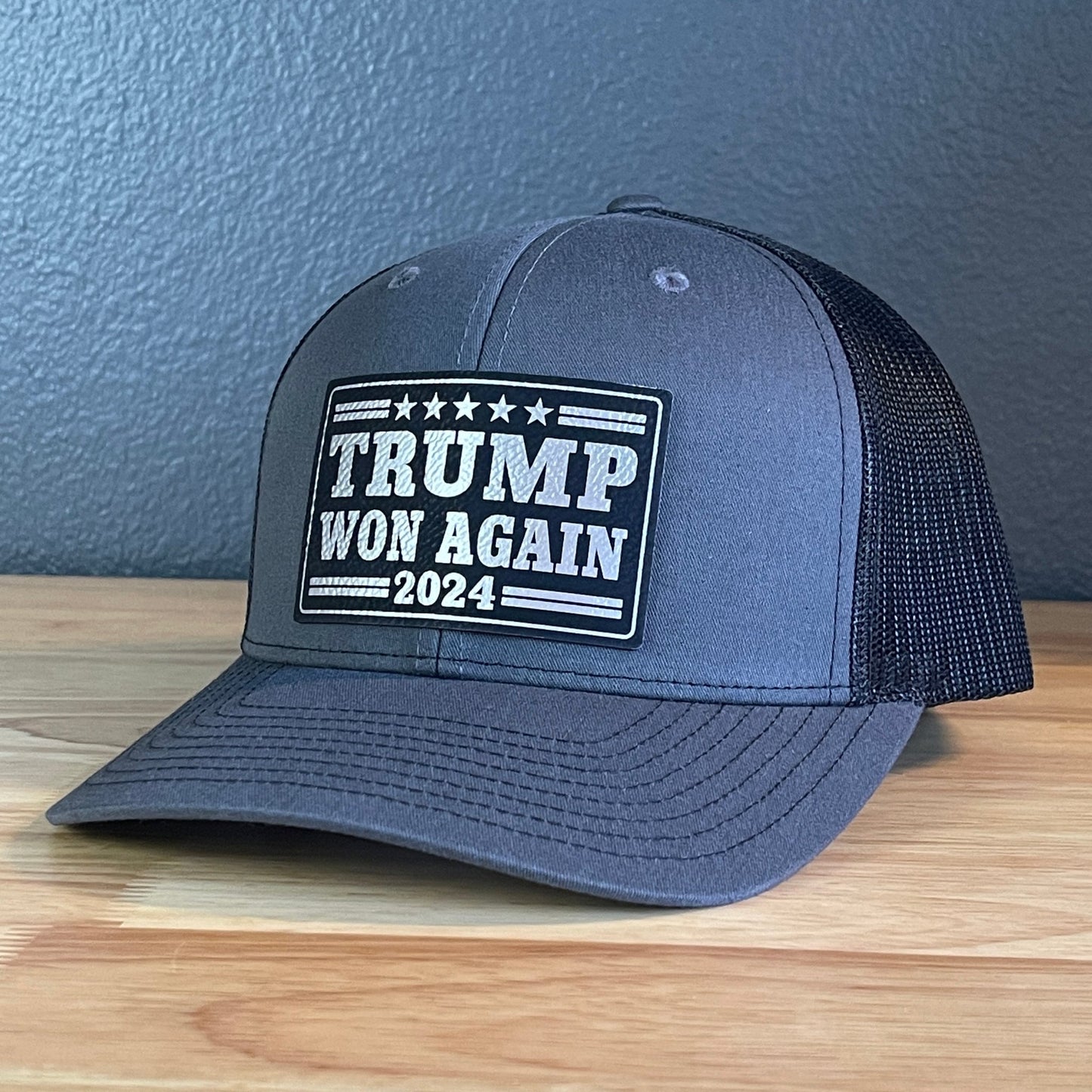 Trump Won Again Patriotic SnapBack Trucker Hat Leather Patch Blk/Silver - Hollow Point Society - Patch Hat