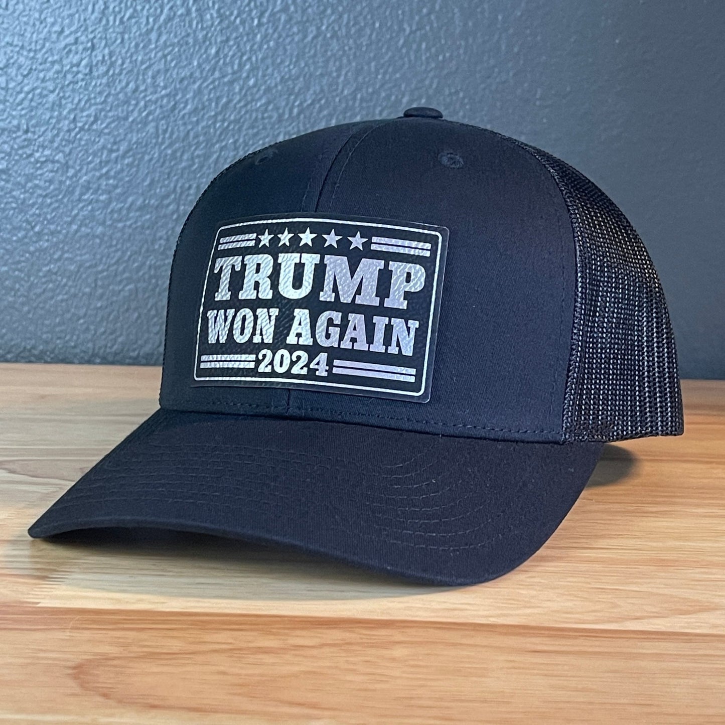 Trump Won Again Patriotic SnapBack Trucker Hat Leather Patch Blk/Silver - Hollow Point Society - Patch Hat