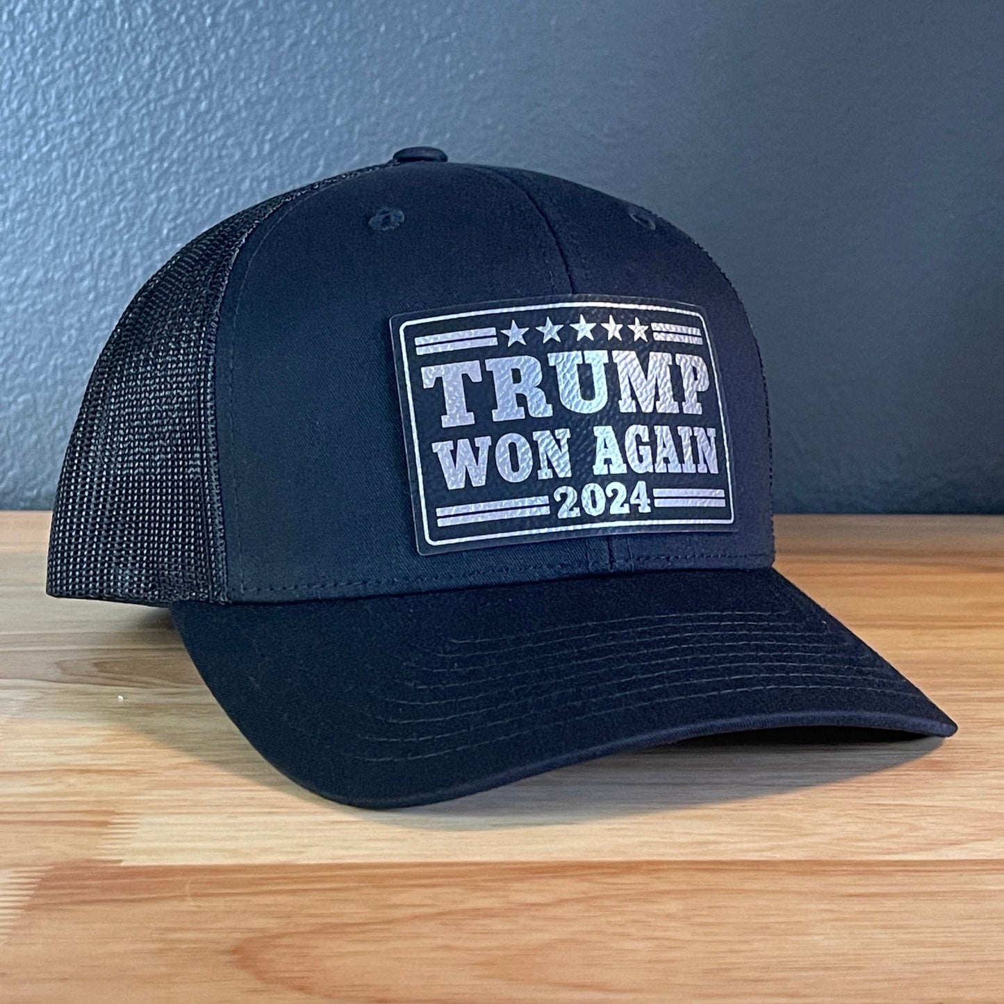 Trump Won Again Patriotic SnapBack Trucker Hat Leather Patch Blk/Silver - Hollow Point Society - Patch Hat