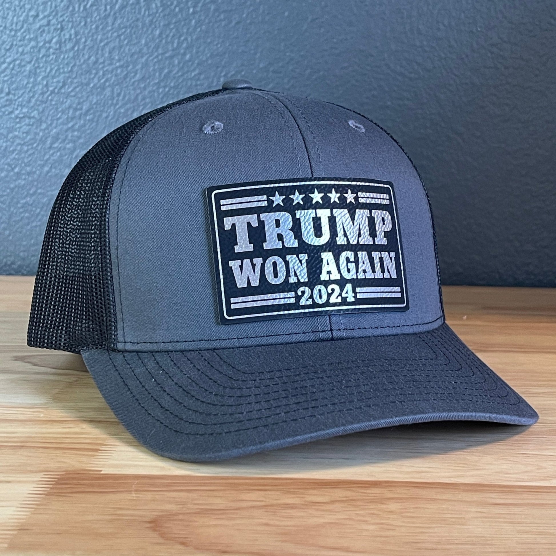 Trump Won Again Patriotic SnapBack Trucker Hat Leather Patch Blk/Silver - Hollow Point Society - Patch Hat