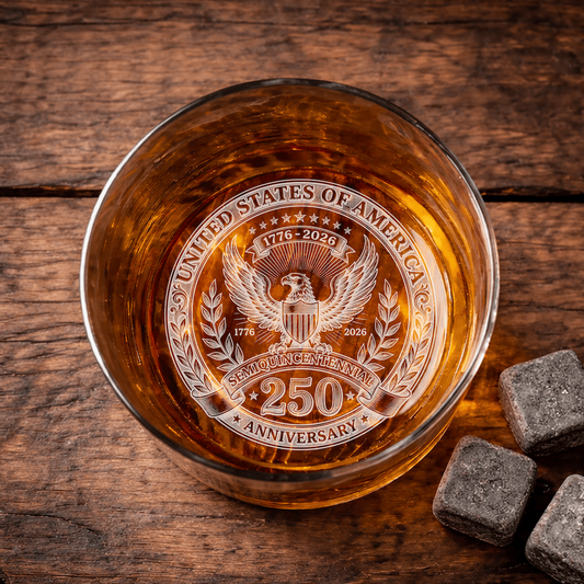 United States 250th Anniversary Engraved Rocks Whiskey Glass, USA Patriotic Gift For Him - Hollow Point Society - 