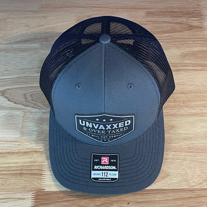 UNVAXXED AND OVER TAXED Patriotic Leather Patch Hat Black/Silver Patch - Hollow Point Society - Patch Hat