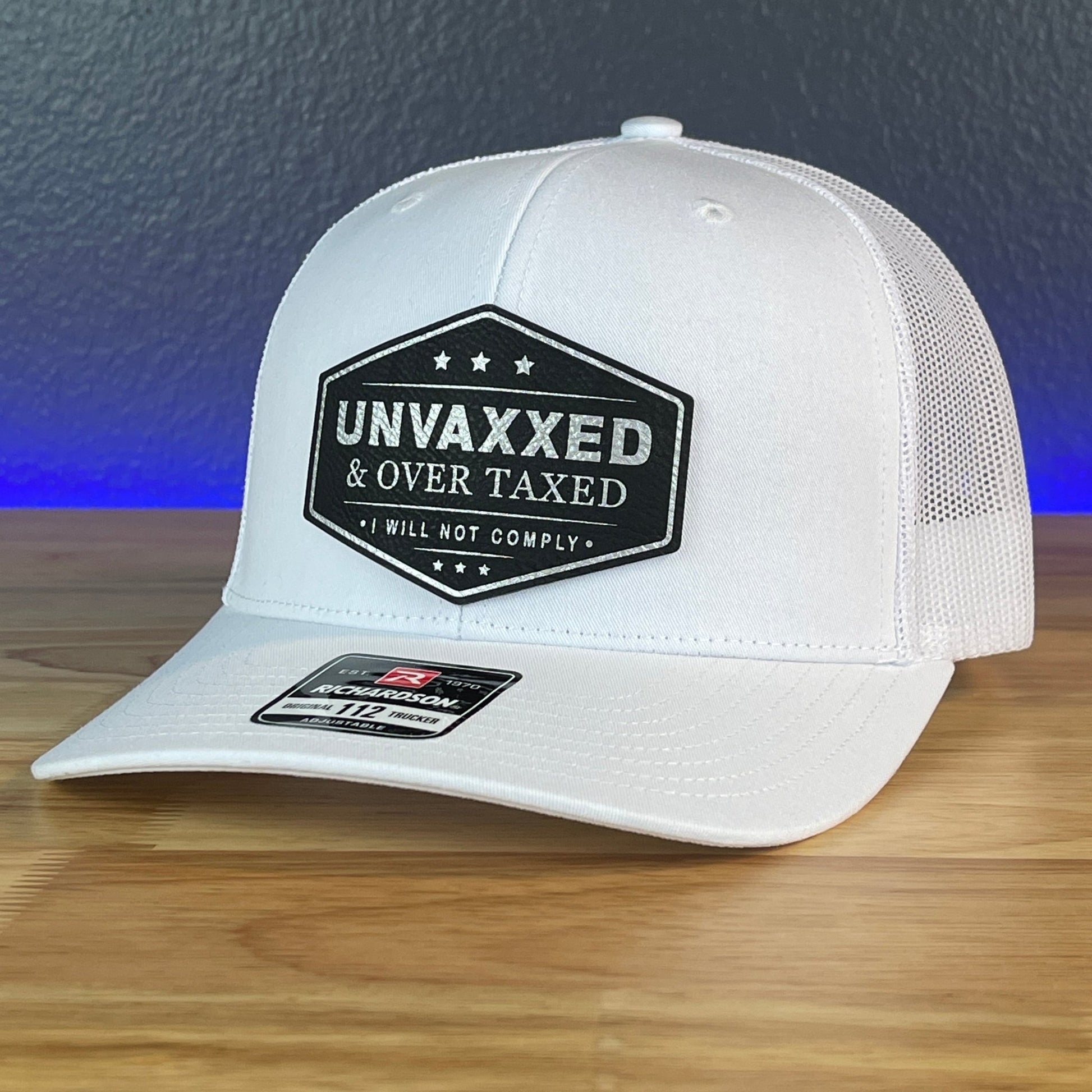 UNVAXXED & OVER TAXED Leather Patch Hat Black/Silver - Hollow Point Society - Patch Hat